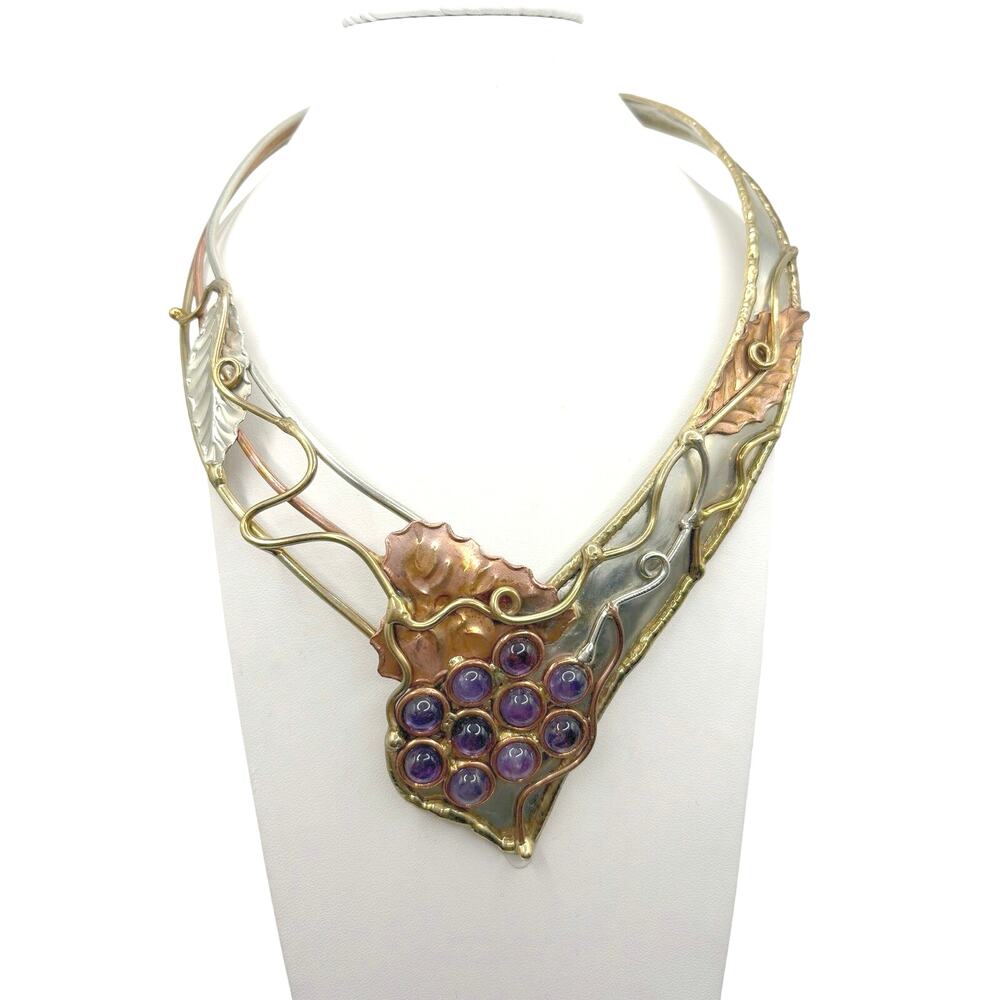 Mixed Metal Necklace Sterling Silver Copper and Brass Leaves Amethyst Grapes